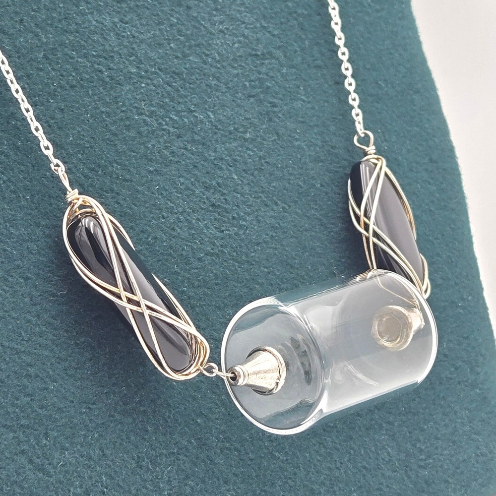 Handmade‎ Glass Vial Wire Wrapped Black Stone Statement Necklace Magnetic Clasp